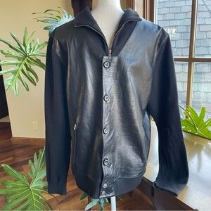 Tre Vero Men's Black Leather Sweater Jacket Button Front Stand Collar size L